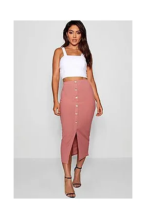 Boohoo Ribbed Mock Horn Button Through Midi Skirt