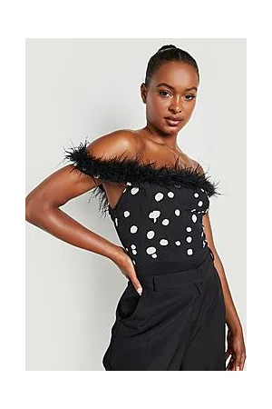 Boohoo Tall Polka Dot Feather Trim Bodysuit