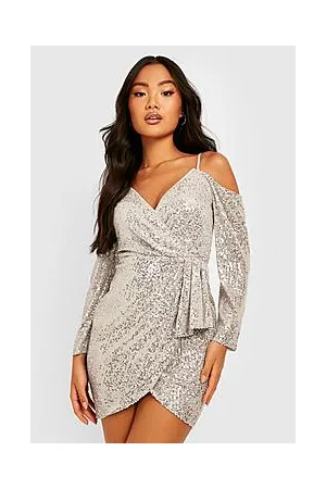Boohoo Petite Sequin Cold Shoulder Drape Wrap Dress