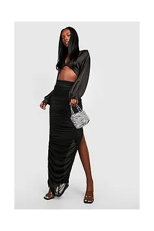 Boohoo Ruched Mesh Split Maxi Skirt