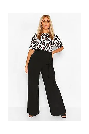 Boohoo Plus Leopard Contrast Belted Jumpsuit