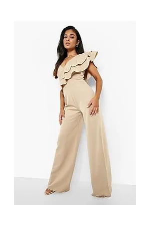 Boohoo Petite Asymmetric Ruffle Flare Leg Jumpsuit