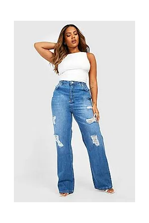 Boohoo Plus High Waist Distressed Split Hem Jeans