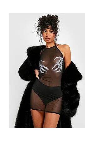 Boohoo Halloween Skeleton Hand Printed Mesh Halter Neck Dress
