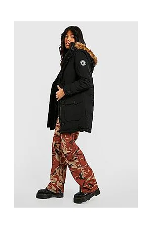 Boohoo Badge Detail Faux Fur Trim Parka
