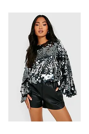 Boohoo Petite Disc Sequin Flare Sleeve Crop Top
