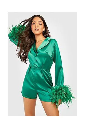 Boohoo Feather Cuff Tailored Satin Playsuit