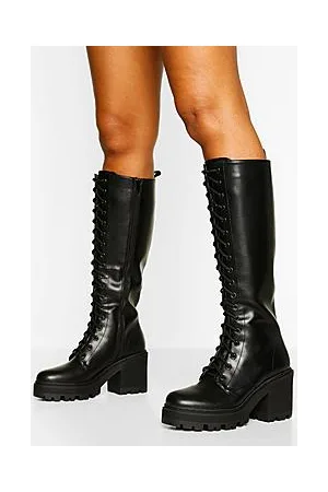 Boohoo Knee High Lace Up Chunky Hiker Boots