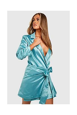 Boohoo Premium Satin Ruched Sleeve Wrap Blazer Dress