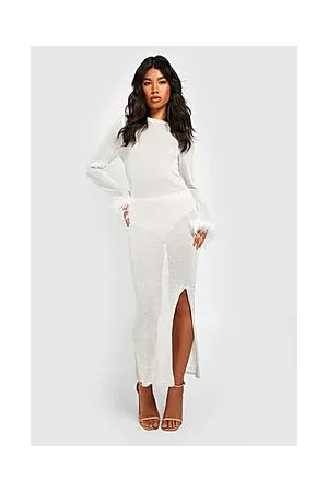 Boohoo Sheer Glitter Feather Trim Knitted Dress