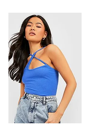 Boohoo Ripple Rib Cross Strap Halter Top