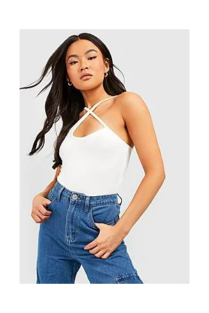 Boohoo Ripple Rib Cross Strap Halter Top