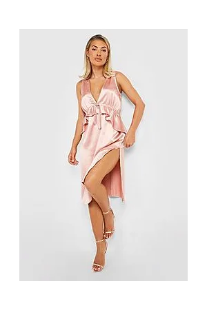 Boohoo Satin Ruffle Plunge Midi Dress