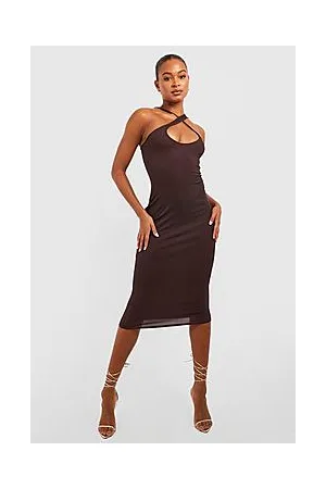 Boohoo Tall Asymmetric Halter Rib Midi Bodycon Dress