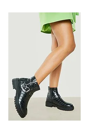 Boohoo Wide Fit Side Zip Croc Buckle Boots