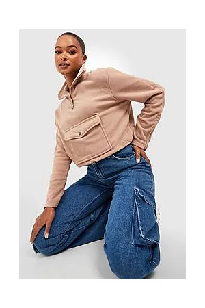 Boohoo Tall Cropped Fleece Half Zip Cargo Sweatshirt