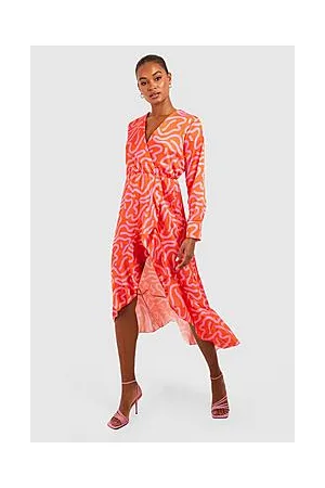 Boohoo Tall Printed Satin Wrap Dress