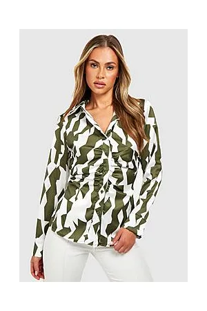 Boohoo Satin Abstract Ruched Front Fitted Shirt