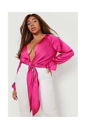 Boohoo Plus Satin Tie Front Blouse