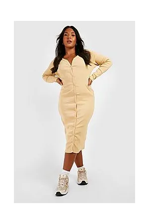 Boohoo Plus Knitted Rib Button Through Midi Dress