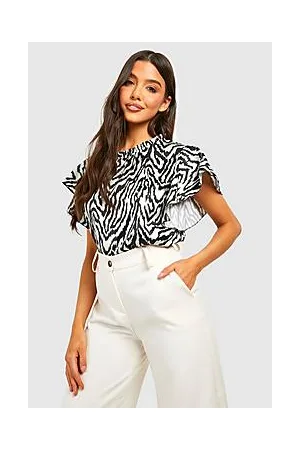 Boohoo Satin Zebra Print Flared Sleeve Blouse