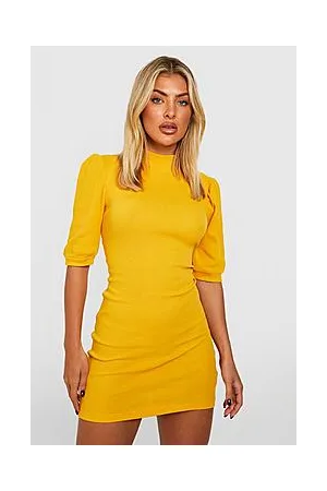Boohoo Recycled Rib High Neck Puff Sleeve Dress
