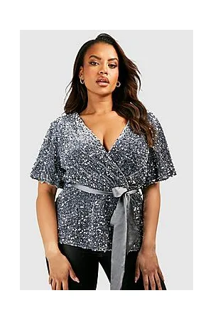 Boohoo Plus Velvet Sequin Satin Belt Smock Top