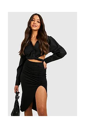 Boohoo Basic Solid Black Ruched High Split Midi Skirt