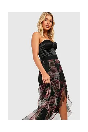 Boohoo Floral Mesh Ruched Midi Skirt