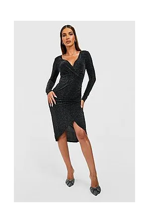 Boohoo Metallic Wrap Over Ruched Detail Dress