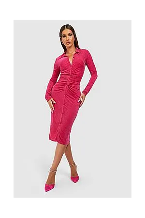 Boohoo Button Through Metallic Ruched Midi Dress