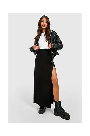 Boohoo Basic Solid Black High Waisted Split Maxi Skirt