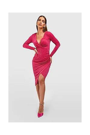 Boohoo Metallic Wrap Over Ruched Detail Dress