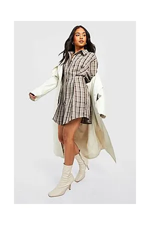 Boohoo Petite Check Cinched Waist Shirt Dress