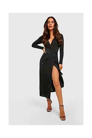 Boohoo Slinky Long Sleeve Wrap Midi Dress