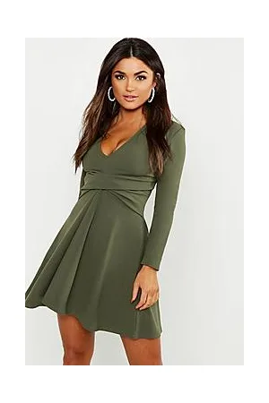 Boohoo Long Sleeved Plunge Neck Skater Dress