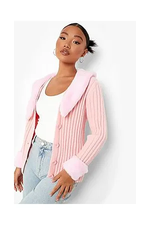 Boohoo Petite Faux Fur Collar And Cuff Cardigan