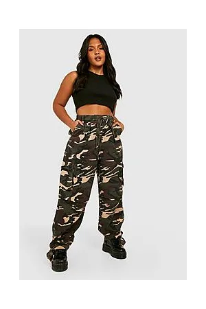 Boohoo Plus Washed Camo Tie Hem Baggy Cargo Trousers