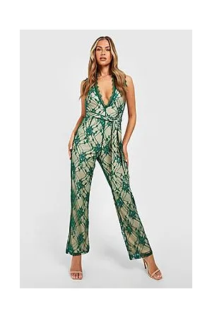 Boohoo Lace Plunge Tie Detail Straight Leg Jumpsuit