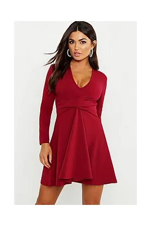 Boohoo Long Sleeved Plunge Neck Skater Dress