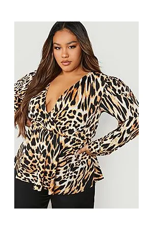 Boohoo Plus Leopard Peplum Wrap Long Sleeve Blouse