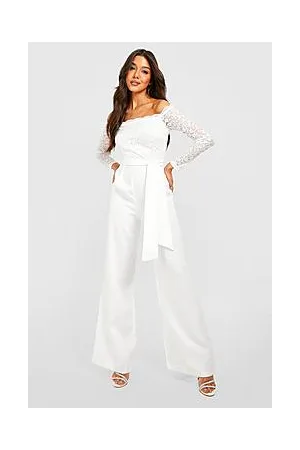 Boohoo Lace Bardot Bow Detail Wide Leg Jumpsuit
