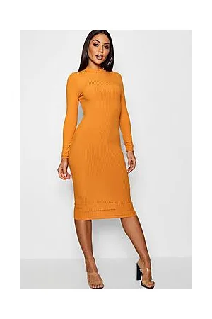 Boohoo Basics Ribbed High Neck Long Sleeved Midi Dress