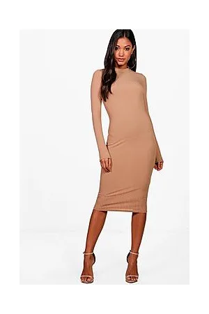 Boohoo Basics Ribbed High Neck Long Sleeved Midi Dress