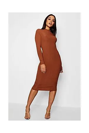 Boohoo Basics Ribbed High Neck Long Sleeved Midi Dress