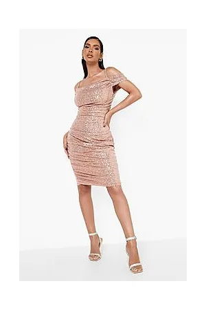 Boohoo Sequin Bardot Ruched Midi Party Dress