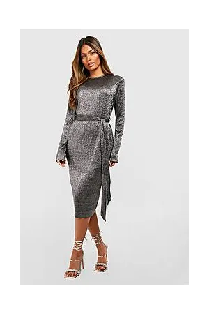 Boohoo Metallic Plisse Tie Waist Midi Party Dress