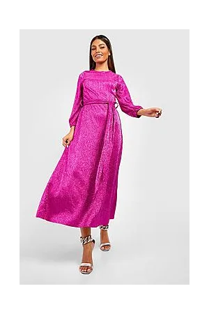 Boohoo Metallic Plisse Puff Sleeve Midaxi Party Dress