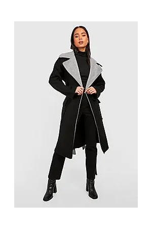 Boohoo Petite Contrast Belted Wool Look Coat
