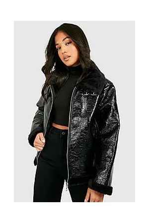 Boohoo Petite High Shine Borg Collar Aviator Jacket